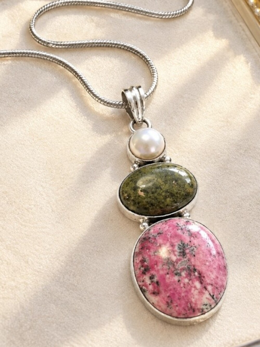 925 Sterling Silver Pink Rhodonite, Green Stone & Pearl Pendant Necklace
